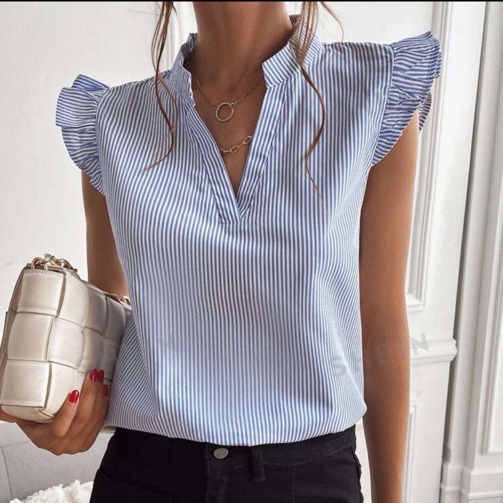 Frenchy Striped Ruffle Cap Sleeve Blouse